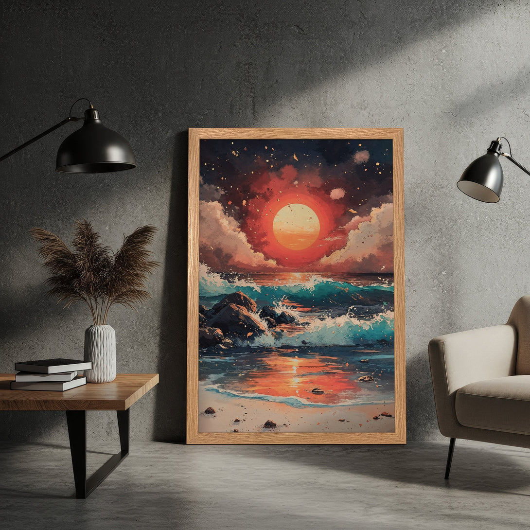 Framed Poster featuring a sunset over the ocean, painted in a vibrant watercolor style with a warm red and blue color palette. Perfect wall art!