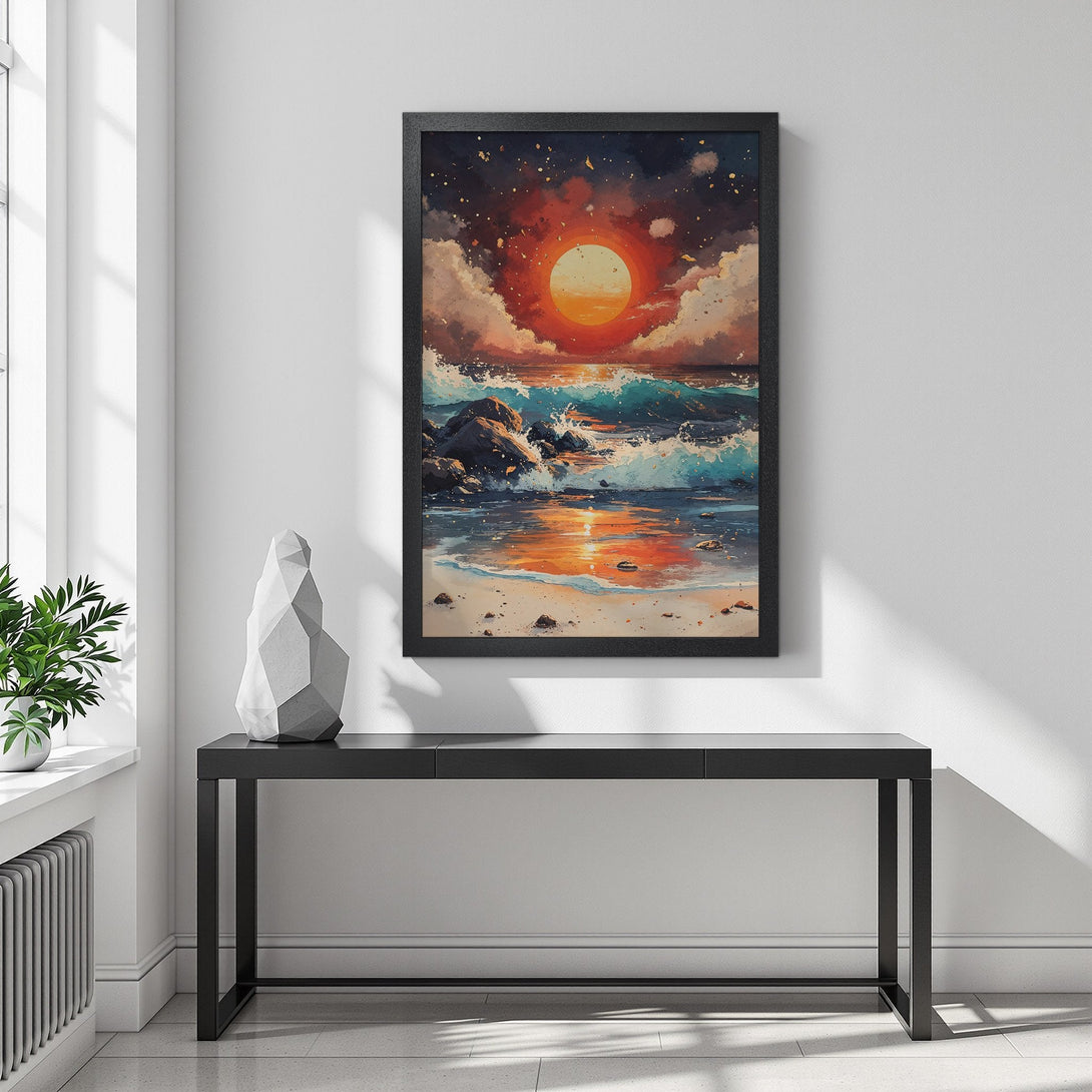 Framed Poster featuring a sunset over the ocean, artistic style with warm orange, blue, and gold hues. Add a touch of serenity to your space!