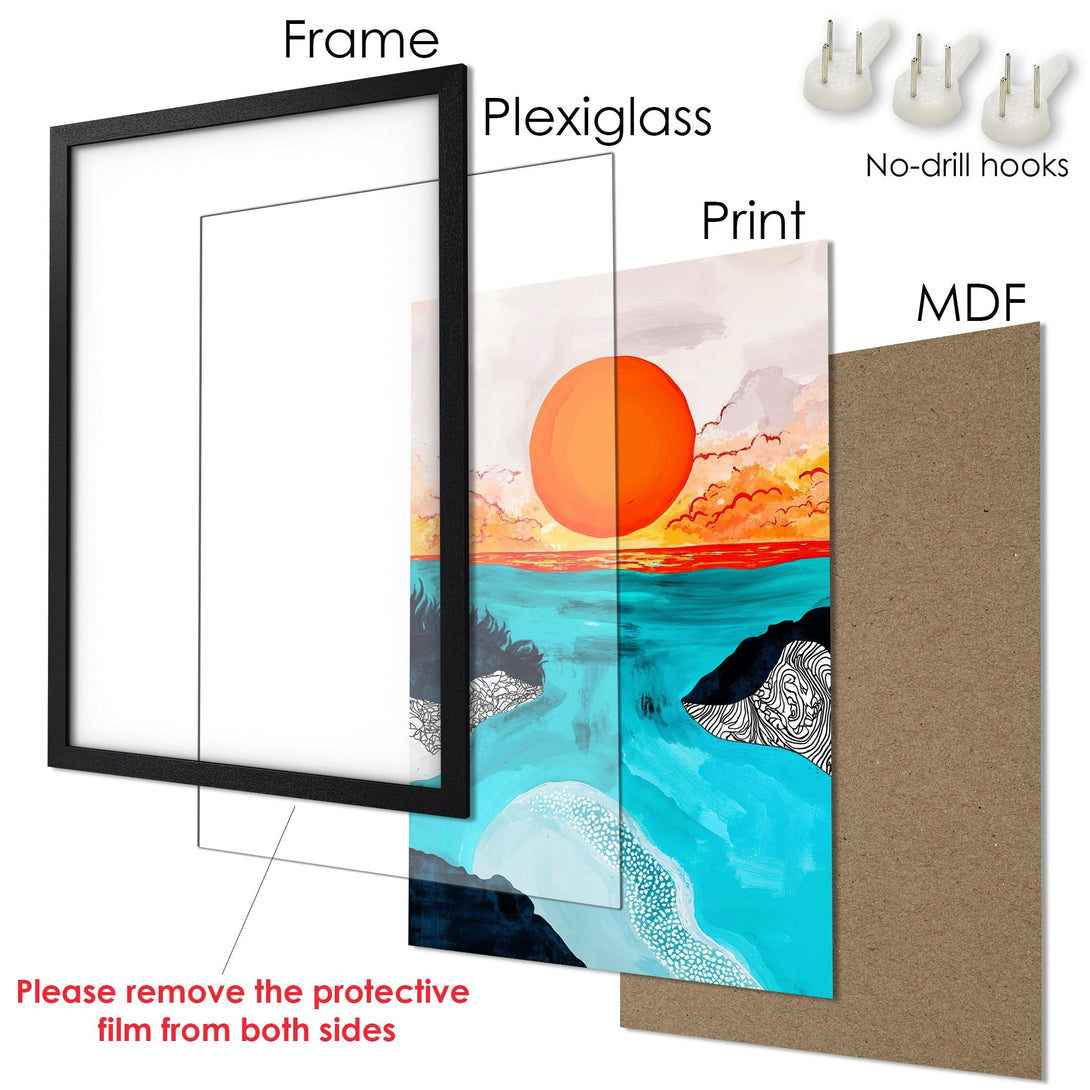 Framed Poster featuring an abstract sunset art print in vibrant turquoise, orange, and black. Perfect wall decor!