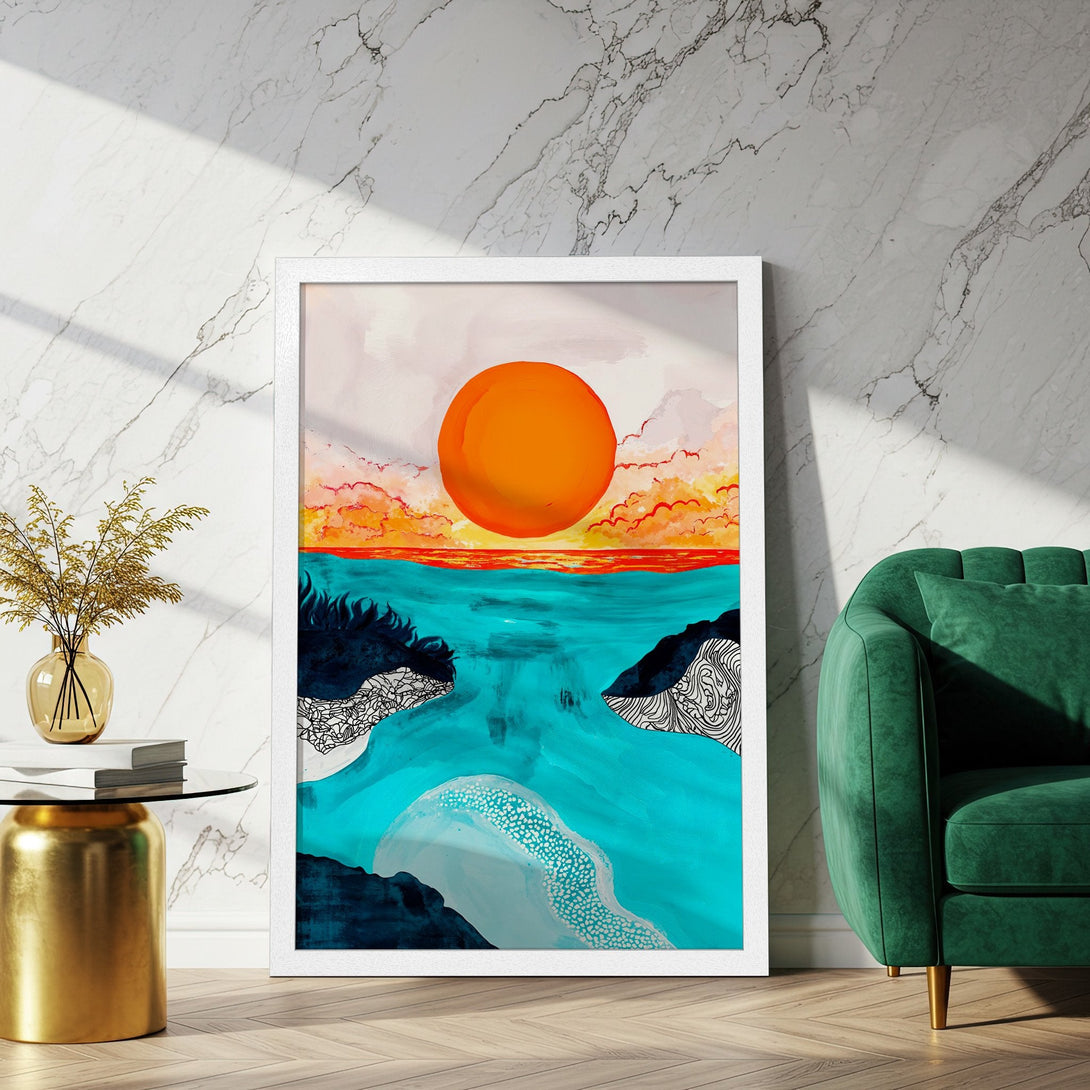 Framed Poster featuring an abstract sunset over the ocean. Modern art style with a vibrant teal, orange, and white color palette.