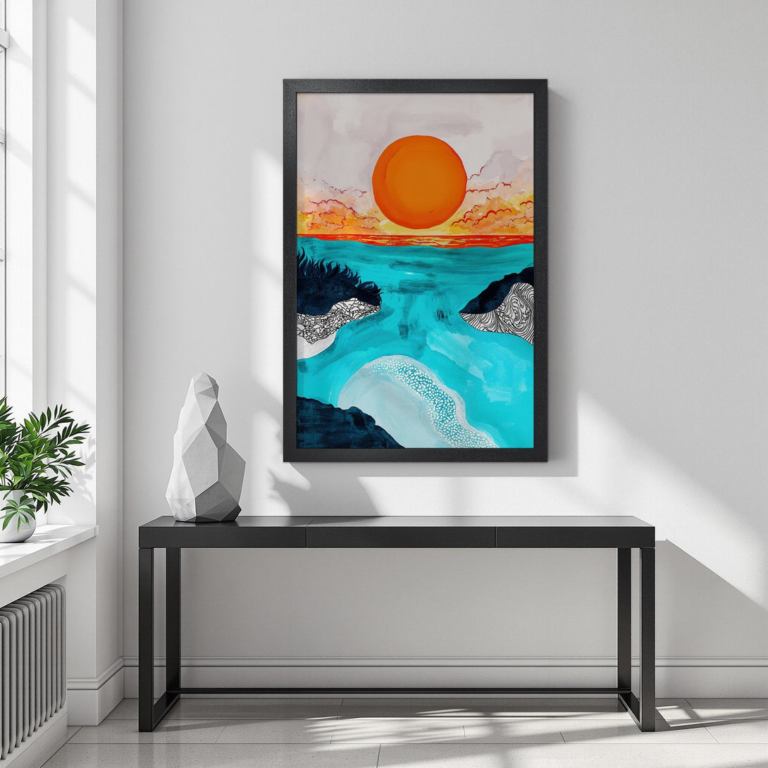 Framed Poster featuring an abstract sunset over the ocean. Modern art style with a vibrant teal, orange, and white color palette. Perfect wall decor!