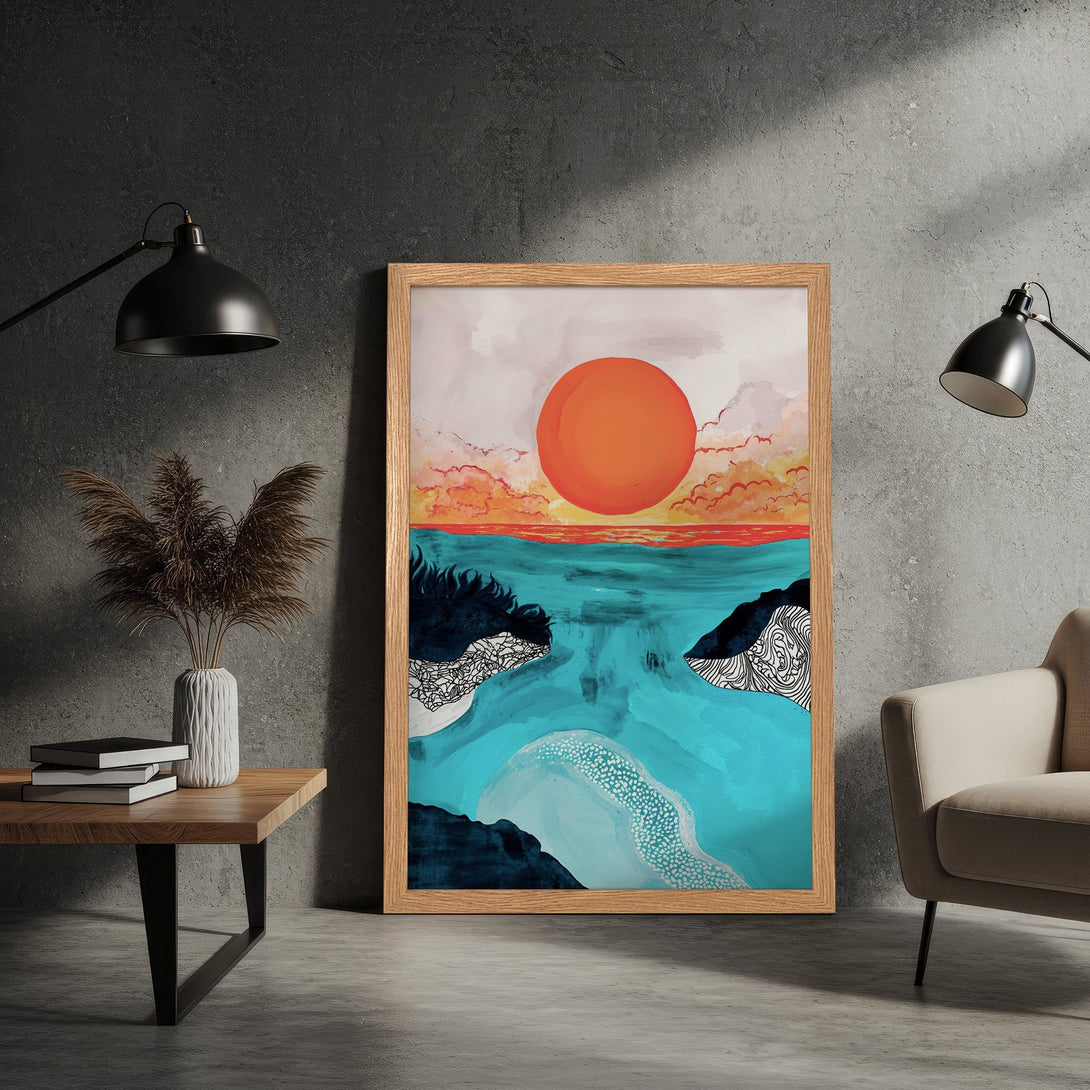 Framed Poster featuring a vibrant abstract landscape with a sunset, in turquoise, orange, and blue. Modern art style.