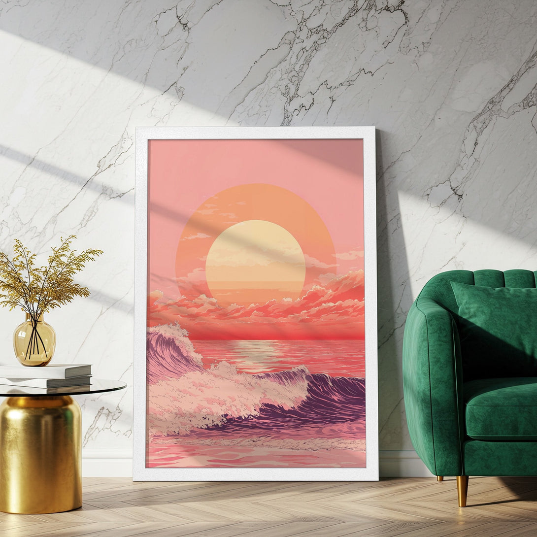 Framed Poster of a sunset over ocean waves in a retro style, featuring a warm pink and orange color palette. Perfect wall art!