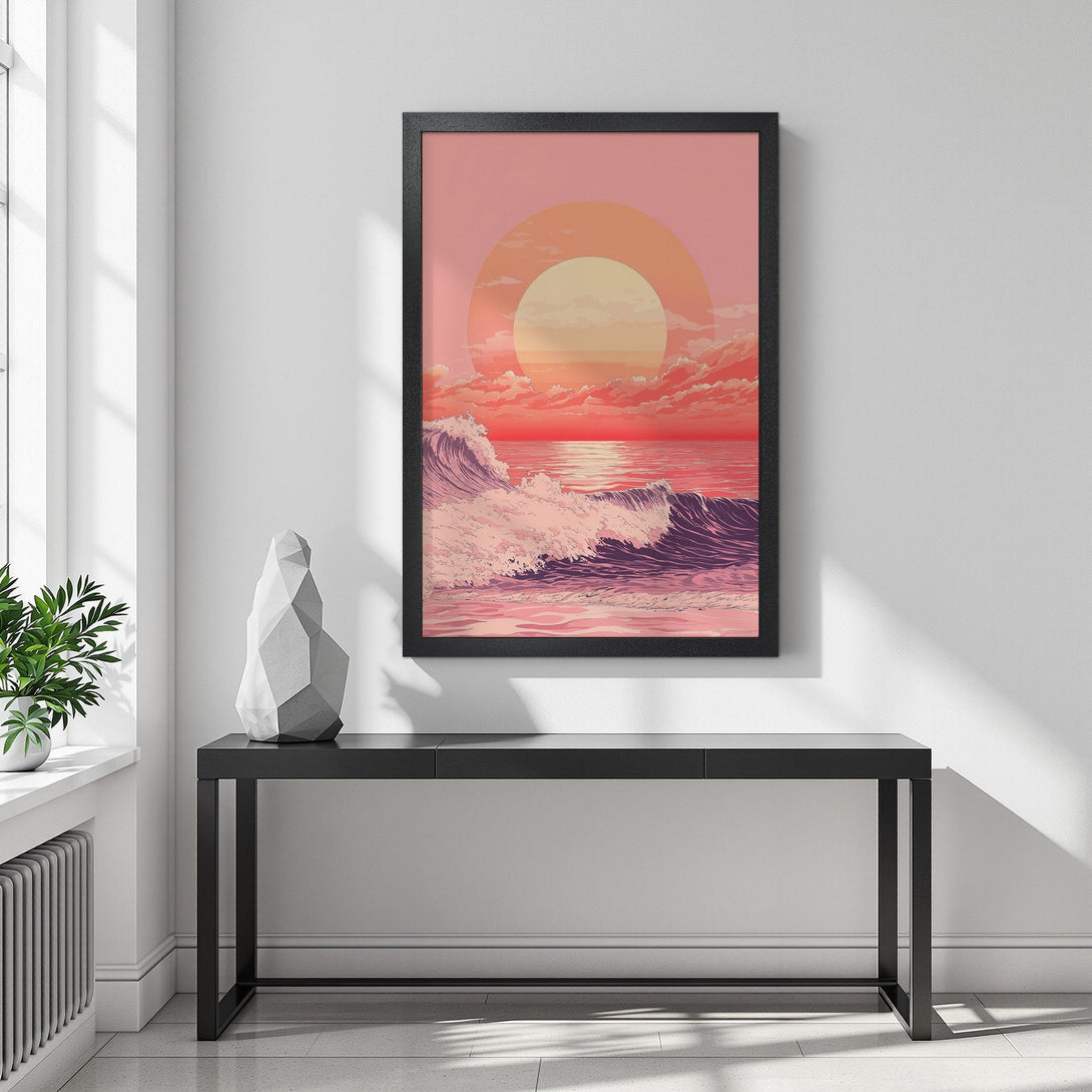 Framed Poster of a sunset over ocean waves, in a retro style with a pink and orange color palette. Perfect wall art!
