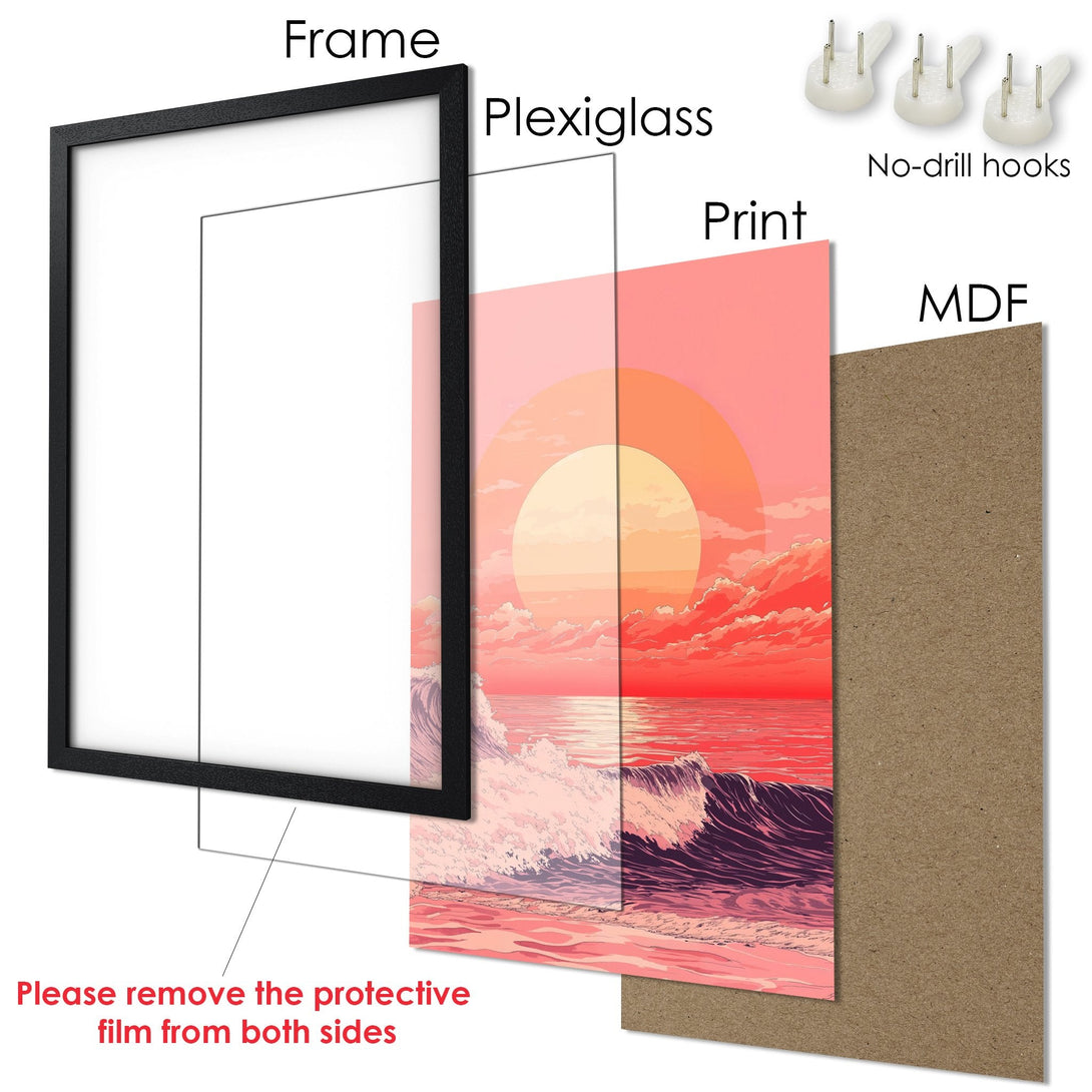 Framed Poster of a sunset over ocean waves. Stylish art in a warm, red and pink color palette. Ready to hang!