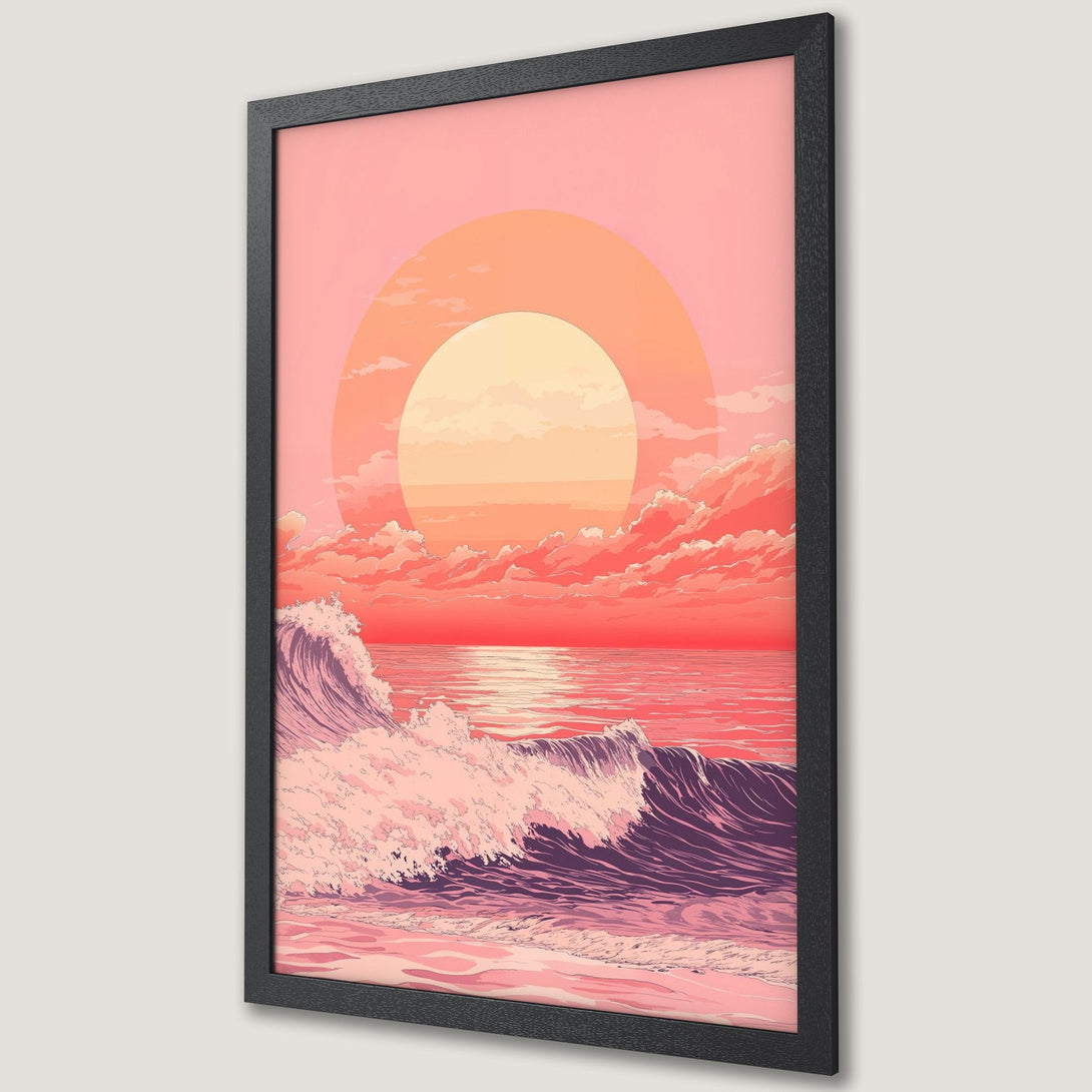 Framed Poster featuring a sunset over ocean waves, in a minimalist art style with a pink and orange color palette.