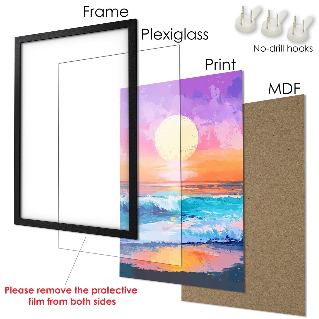 Framed Poster featuring a sunset over ocean waves, vibrant colors, and artistic style. Perfect wall art for any room.