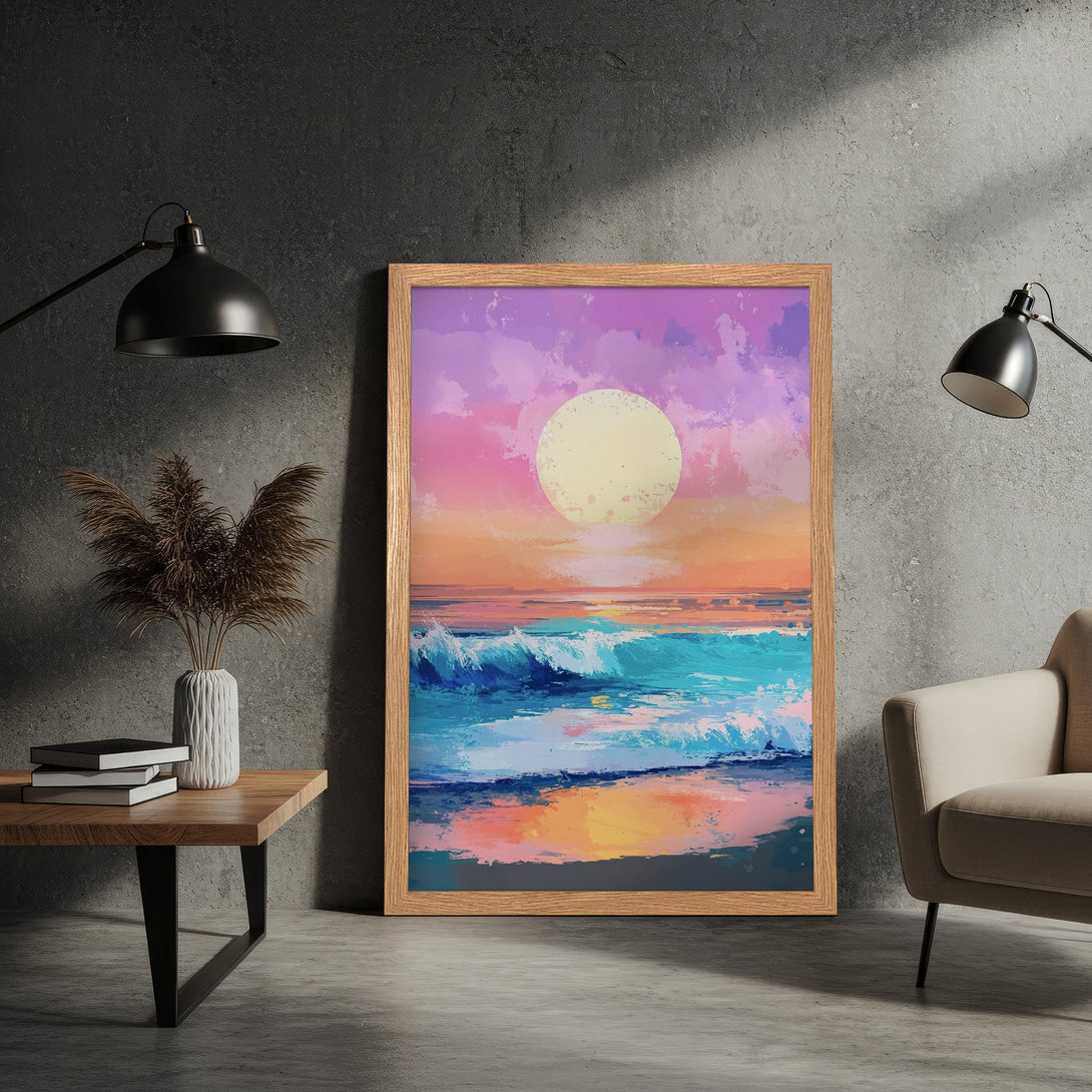 Framed Poster of a vibrant ocean sunset, impressionistic style, with a pink, blue, and orange color palette. Perfect wall art.