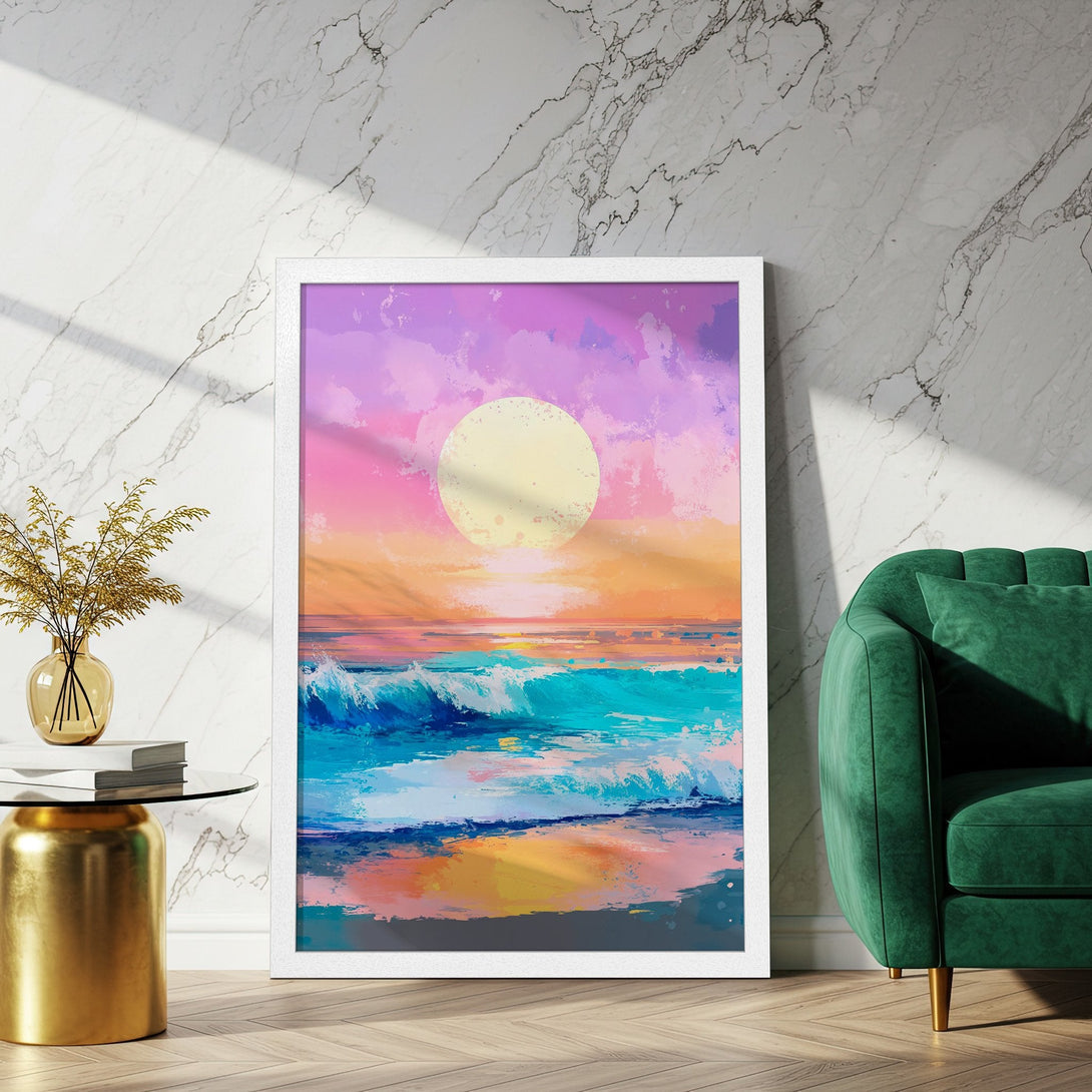 Framed Poster featuring a vibrant ocean sunset in a colorful palette. Perfect wall art to brighten your space!