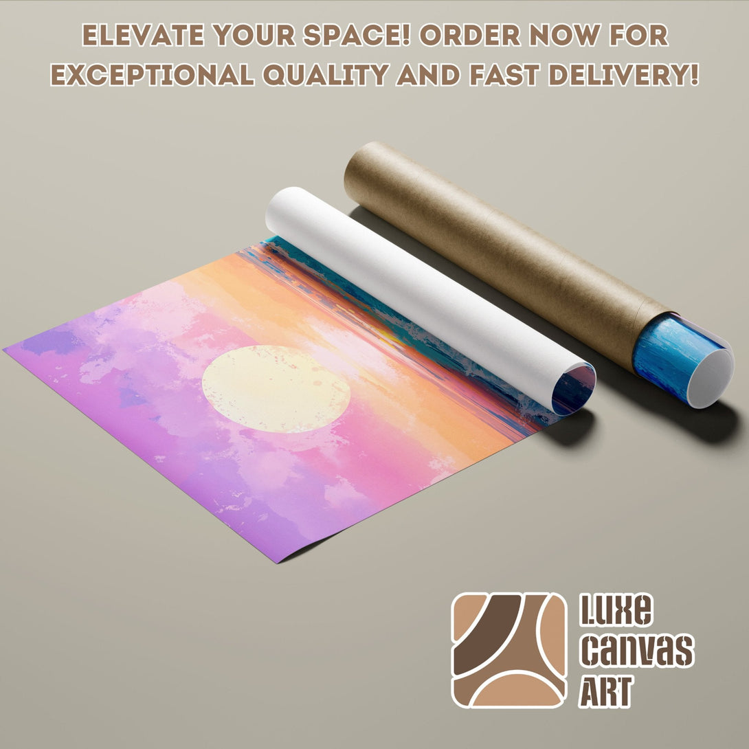 Poster Roll with sunset art. Watercolor style, vibrant pink, orange, and blue color palette. Elevate your space!