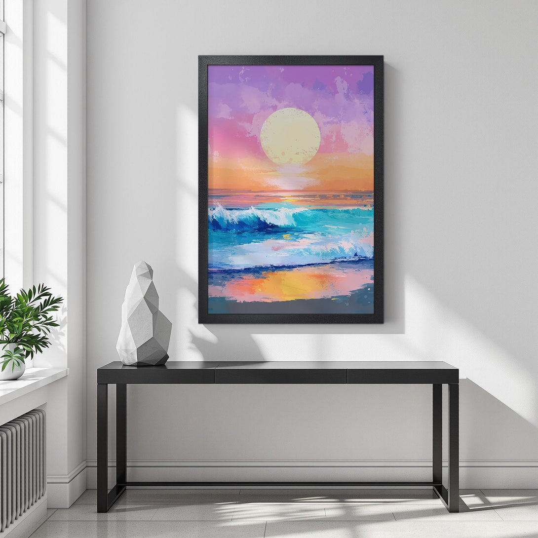 Framed Poster of a sunset over the ocean. Impressionistic style with vibrant blues, oranges, and purples. Perfect wall art to brighten your space!