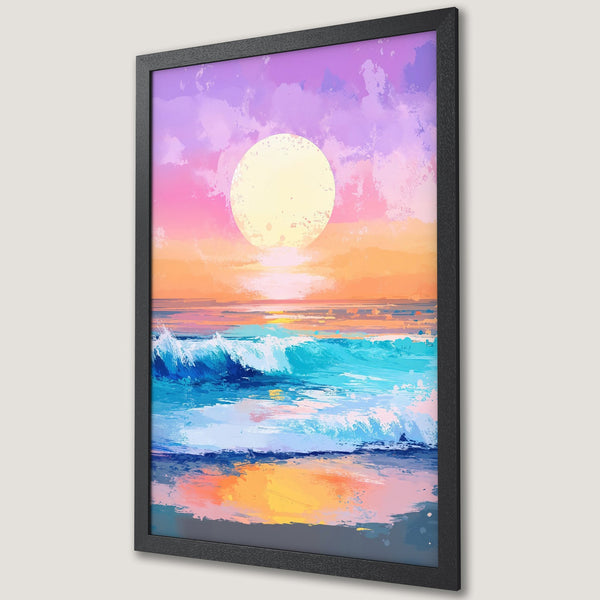 Framed Poster featuring a vibrant sunset over ocean waves. Impressionistic style with a warm, colorful palette of pinks, oranges, and blues.