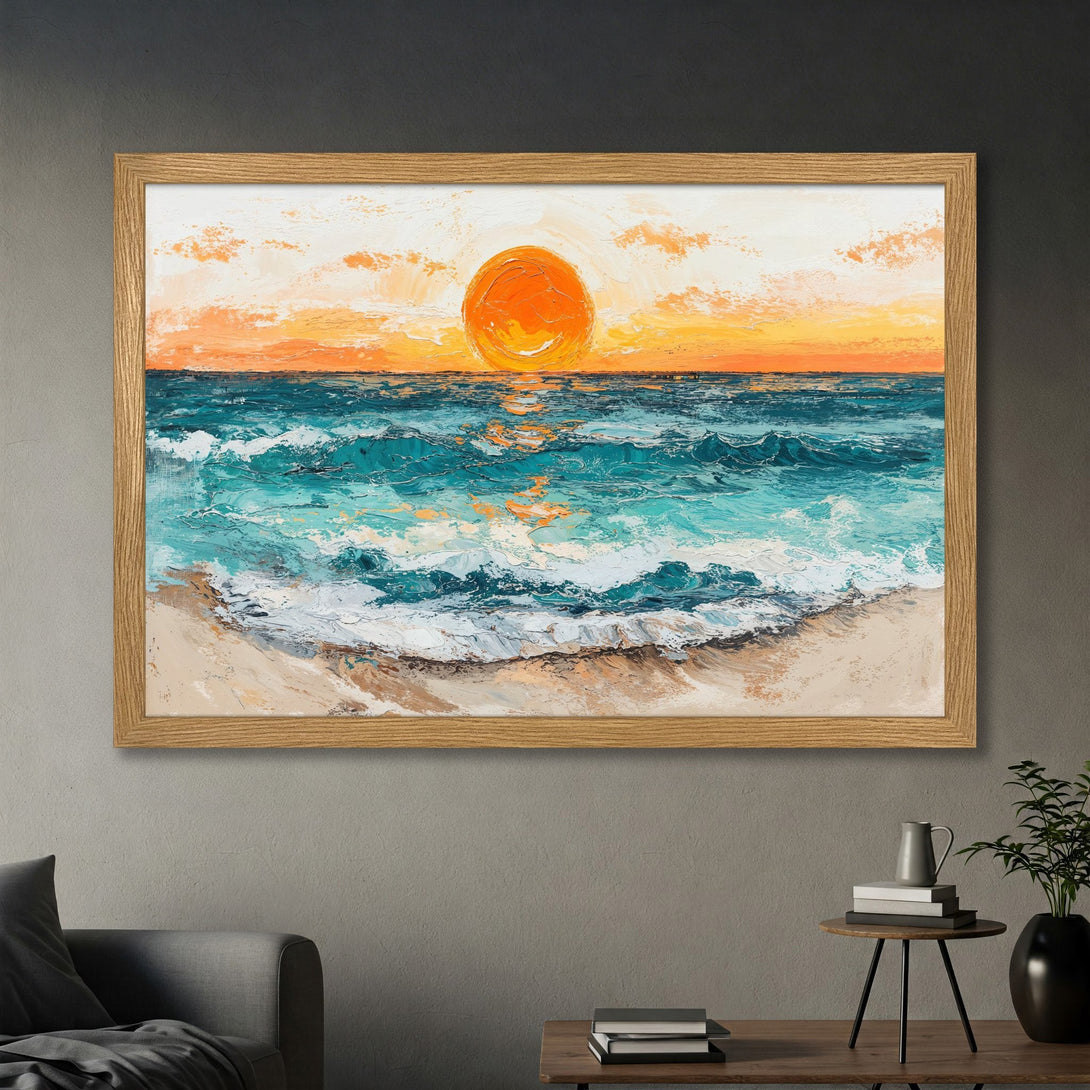 Framed Poster of a vibrant sunset over the ocean. Textured, impressionistic style with orange, teal, and neutral tones. Perfect beach decor.