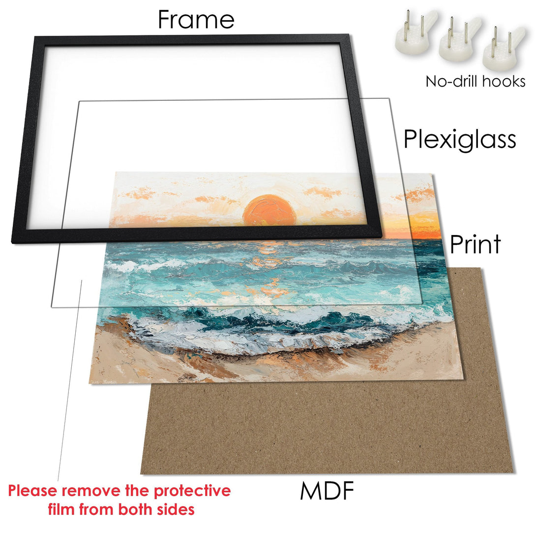 Framed Poster of a beach scene with ocean waves, in a textured style, featuring a warm, sunset color palette.