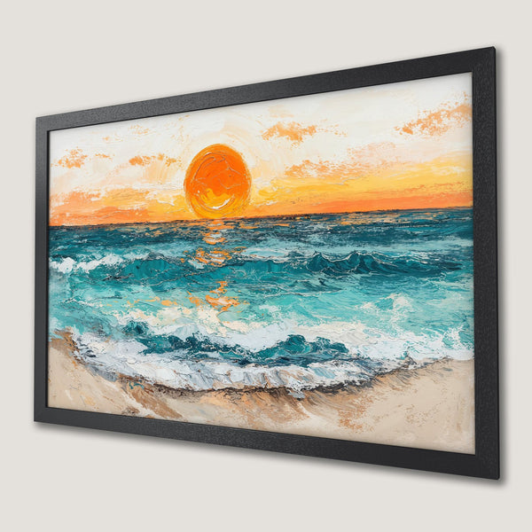 Framed Poster of a sunset over the ocean, painted in an impressionistic style with a warm orange and teal color palette.