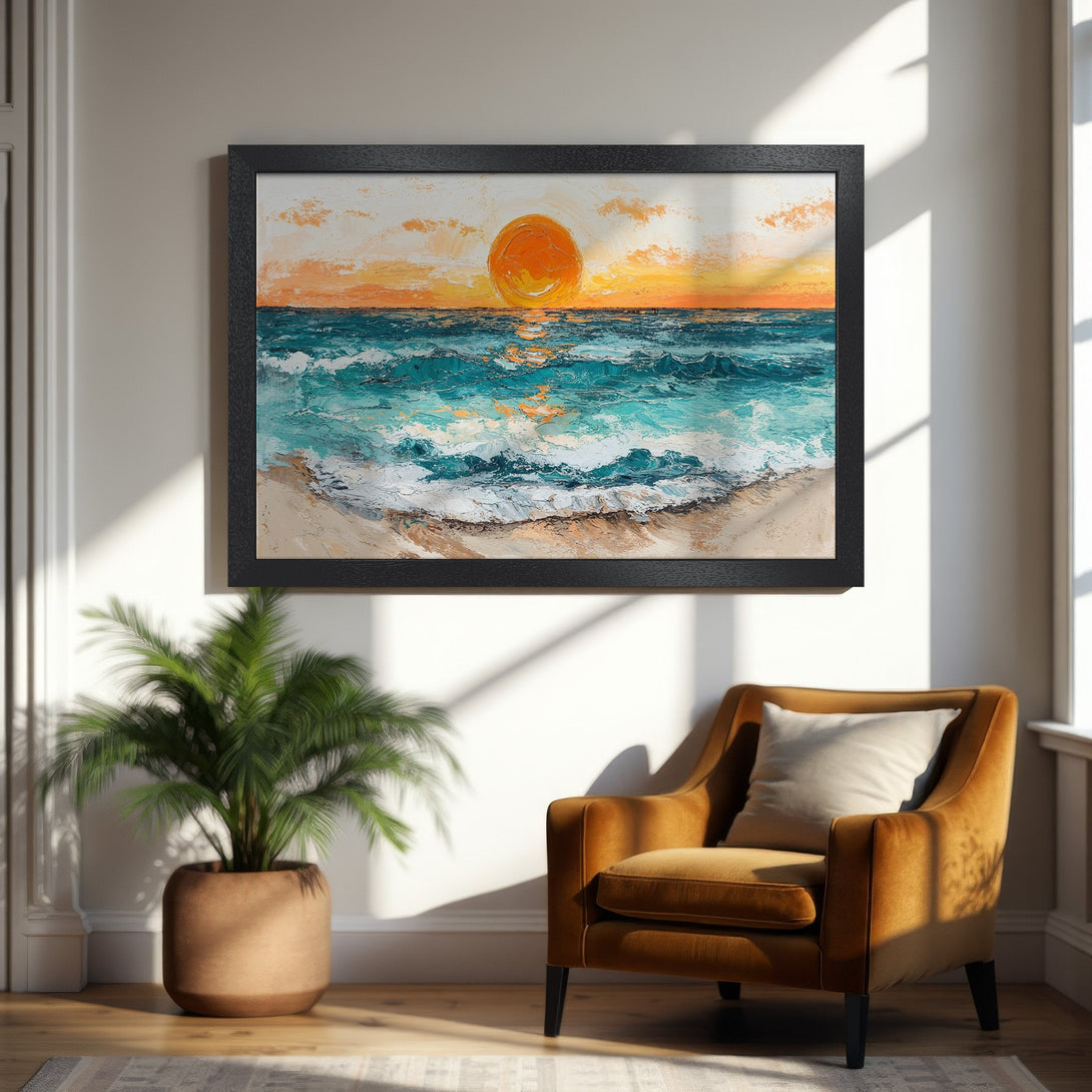 Framed Poster of a sunset over the ocean. Textured art in warm orange, teal, and white tones. Perfect coastal decor.