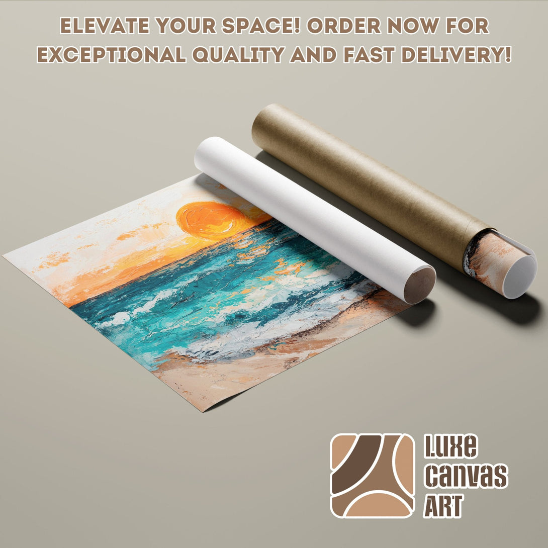 Abstract ocean art Poster Roll. Vibrant turquoise, orange, and neutral tones. Elevate your space!
