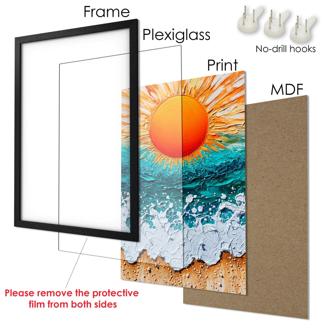 Framed Poster: Coastal art print with sun & waves, vibrant orange, teal, and white palette. Ready to hang wall art.