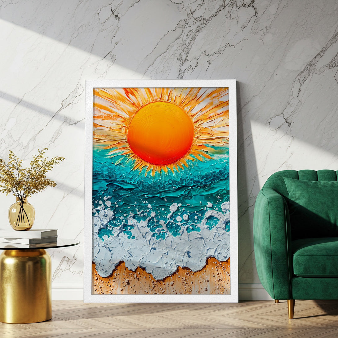 Framed Poster of a vibrant beach scene with a textured style. Features an orange, teal, and white color palette, perfect for coastal decor.