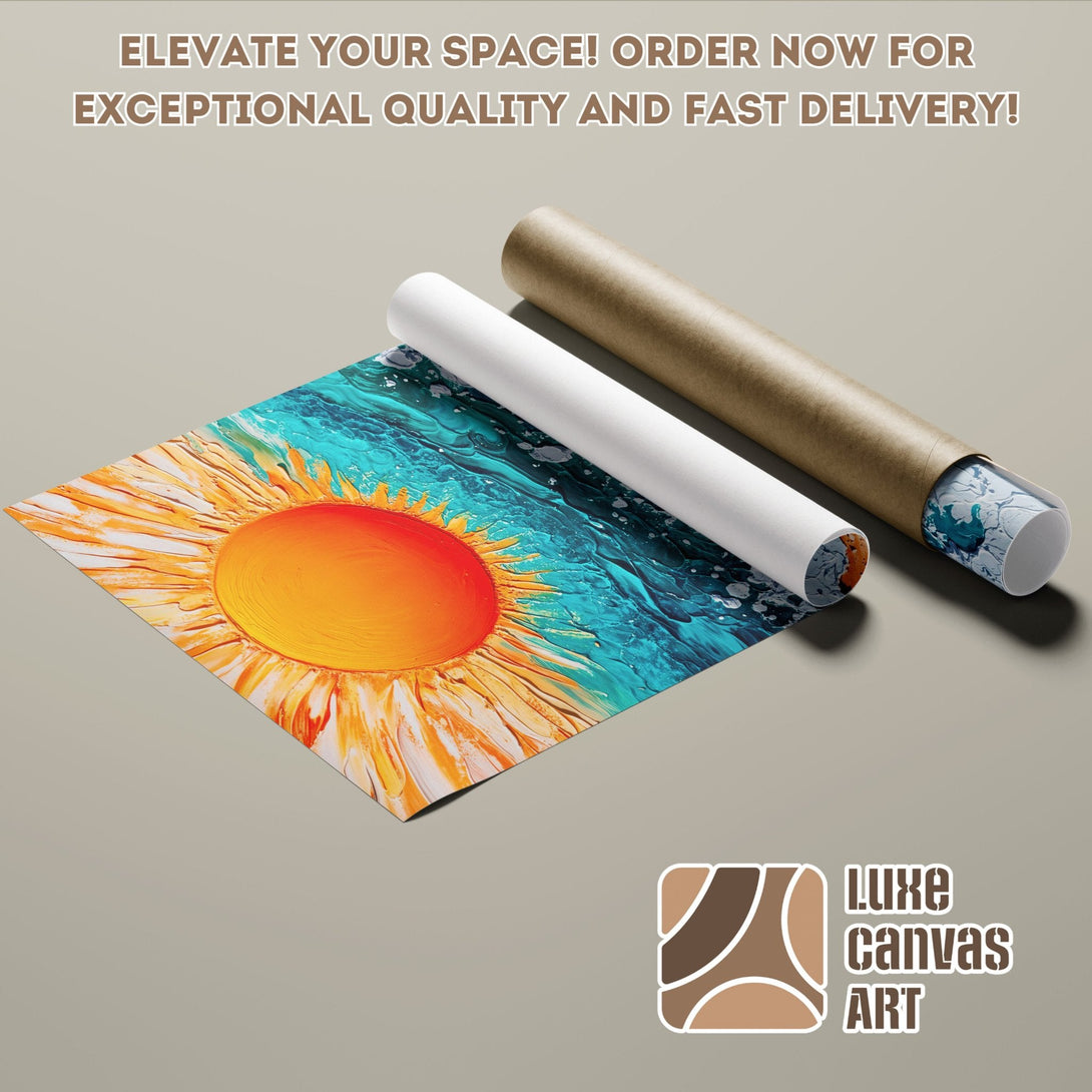 Abstract sun art Poster Roll, vibrant orange & teal palette, perfect for home decor. Order now!
