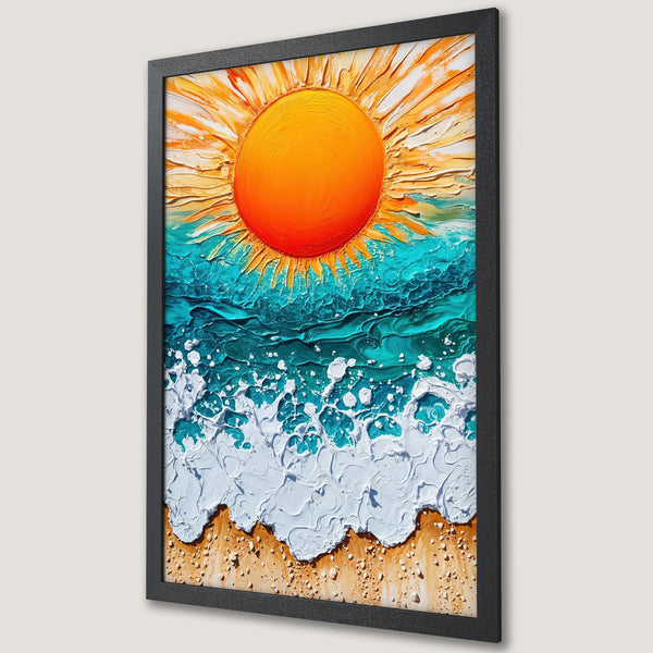 Framed Poster: Textured beach art with sun, ocean waves, and sand in vibrant orange, turquoise, and white. Perfect coastal decor!