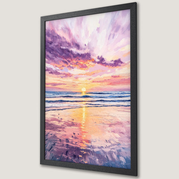 Framed Poster of a sunset over the ocean. Impressionistic style with a vibrant pink, purple, and orange color palette. Perfect wall art!