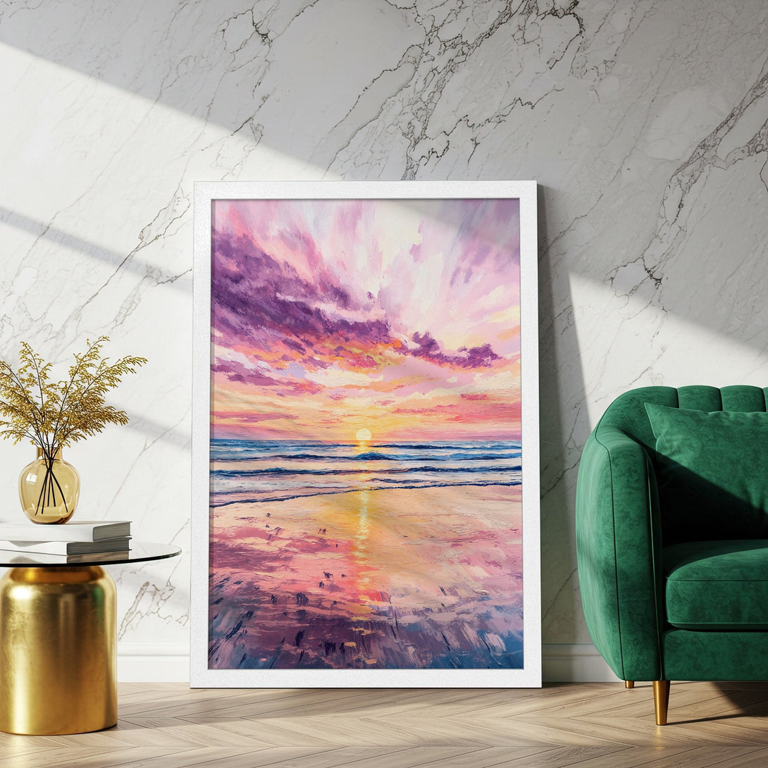 Framed Poster of a sunset beach scene, painted in a vibrant, impressionistic style with a pink and orange color palette. Perfect wall art.