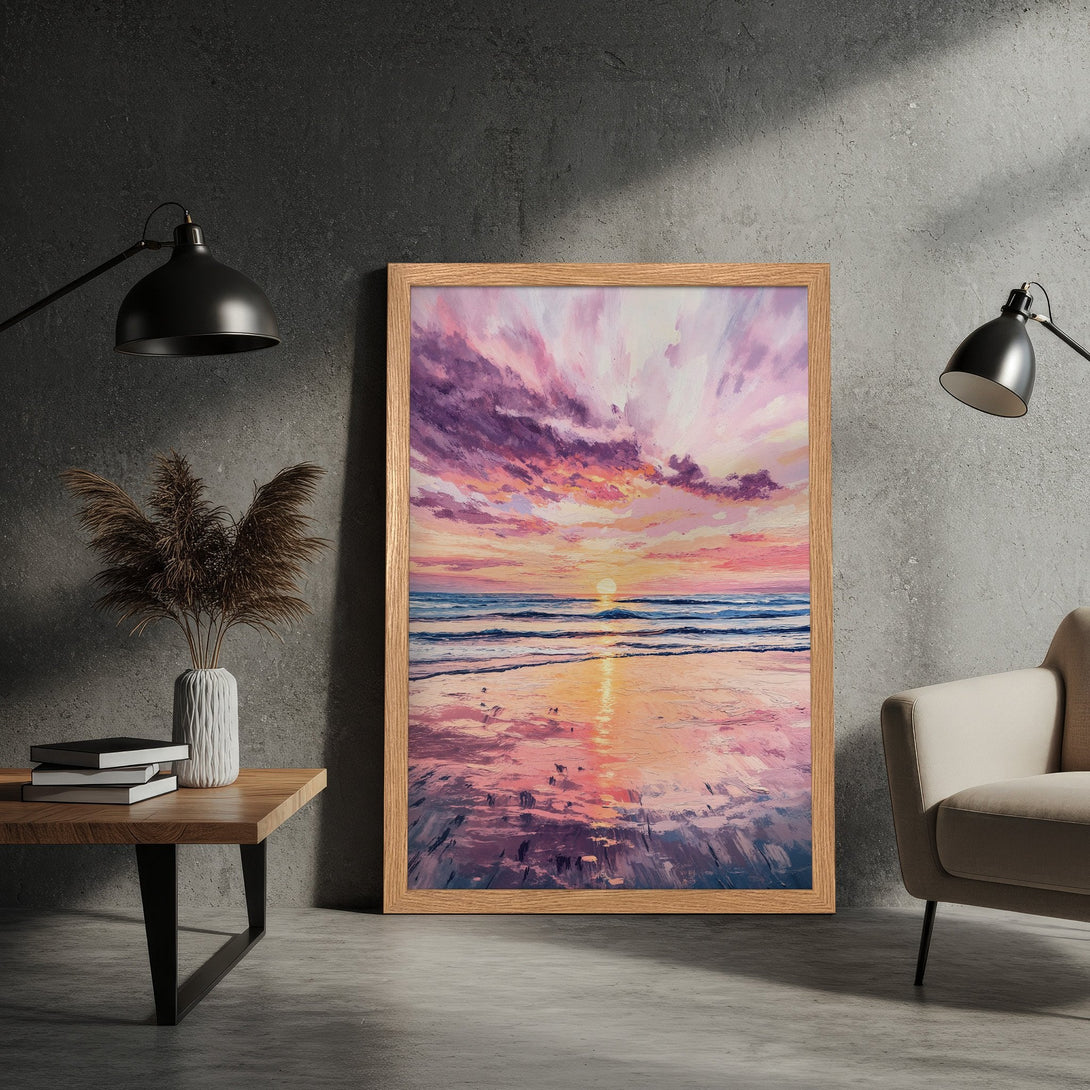 Framed Poster featuring a vibrant sunset beach scene. Oil painting style with pink, purple, and orange hues. Perfect wall art for your home!