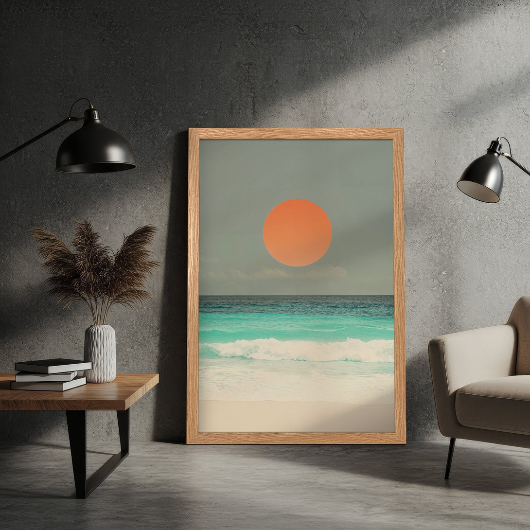 Framed Poster: Coastal sunset art print in muted teal, orange, and beige tones. Modern, minimalist style for home decor.