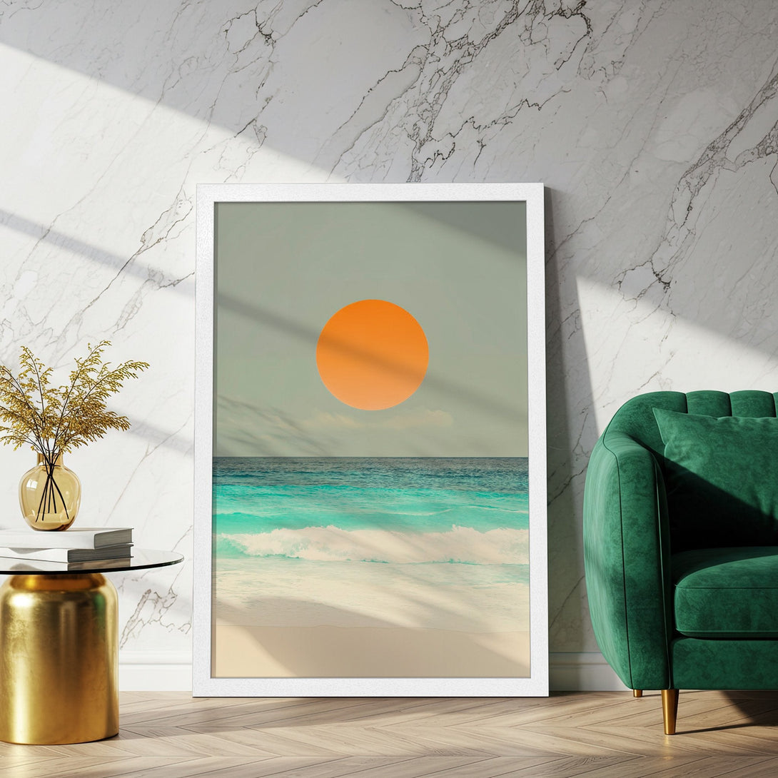 Framed Poster featuring a beach scene with an orange sun, in a minimalist style with a teal and orange color palette. Perfect wall art!