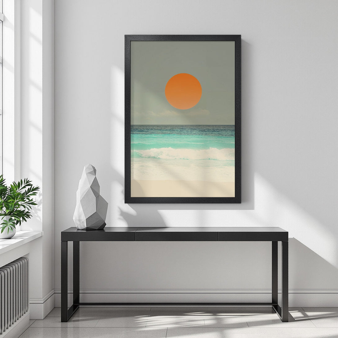 Framed Poster featuring a beach scene with an orange sun, minimalist style, and a calming blue and orange color palette. Perfect wall art!