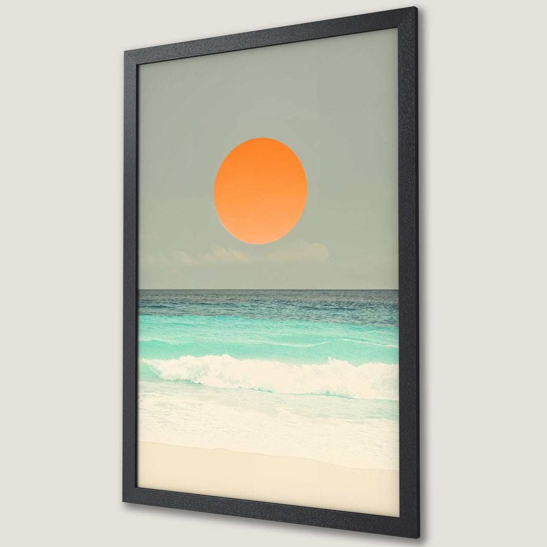 Framed Poster featuring a minimalist beach scene with an orange sun, turquoise water, and a calming color palette. Perfect wall art!