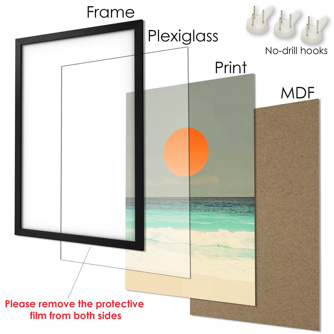 Framed Poster of beach scene in a minimalist style, featuring a warm color palette. Perfect wall art!