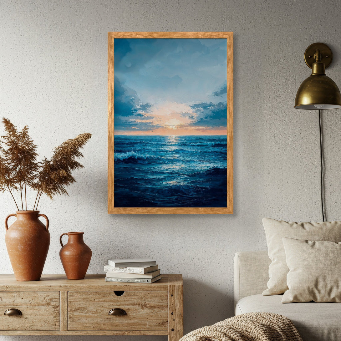 Framed Poster of a serene ocean scene in blue and gold, perfect for adding a touch of tranquility to your home decor.