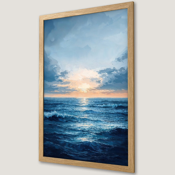 Framed Poster of ocean scene with blue and orange hues. Coastal art print for home decor.