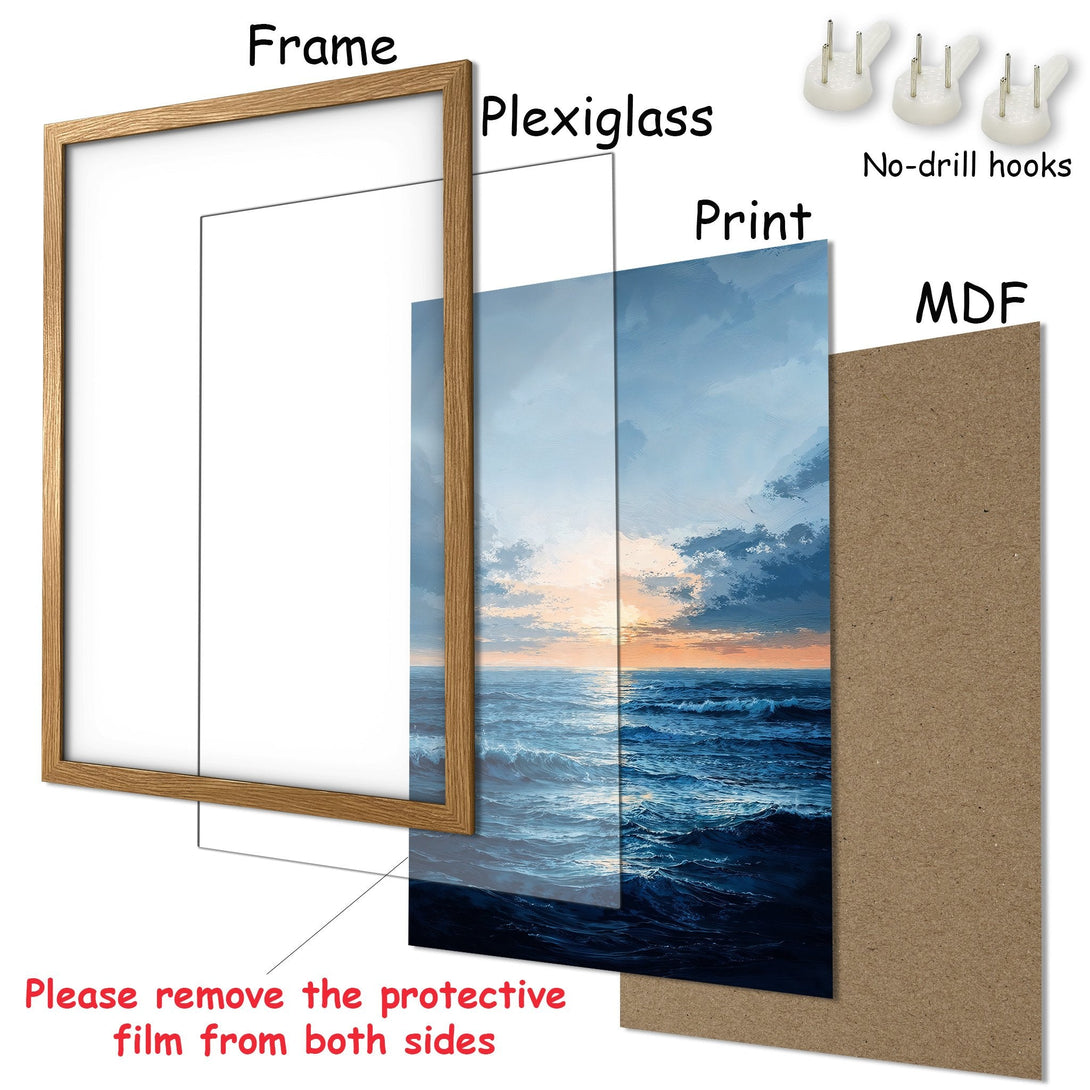 Framed Poster featuring a seascape painting with a blue and orange color palette. Perfect wall art for your home!