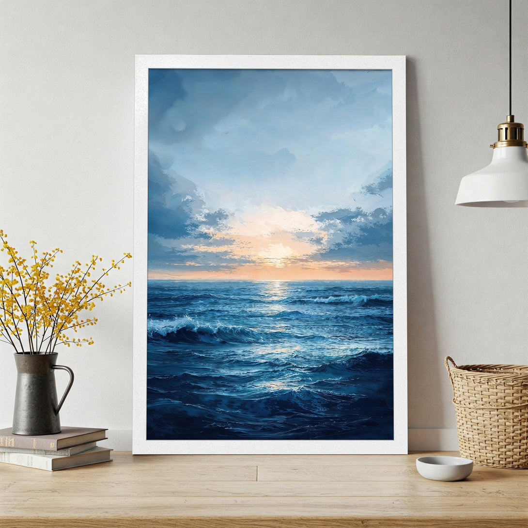 Framed Poster of ocean waves at sunset in a painterly style. Blue, orange, and white color palette for a calming aesthetic.