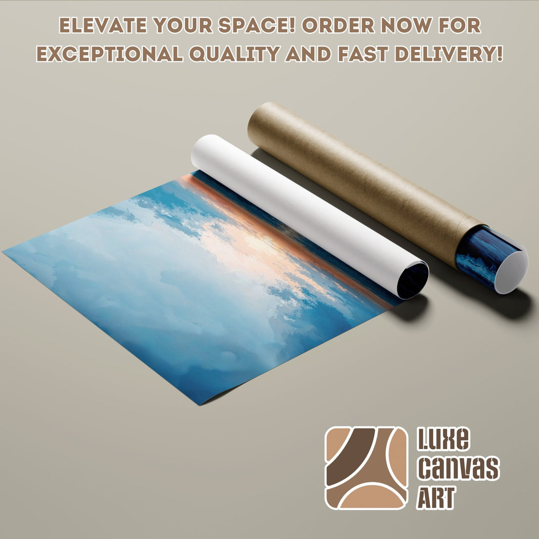 Poster Roll with abstract blue and orange art. Elevate your space with Luxe Canvas Art! Order now for fast delivery.