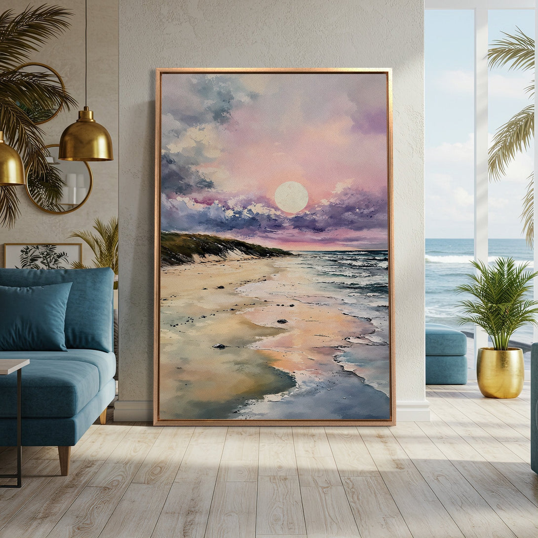 Framed Wall Art: Beach sunset canvas print in a coastal style. Pastel pink and purple hues create a calming atmosphere. Perfect for living room decor.