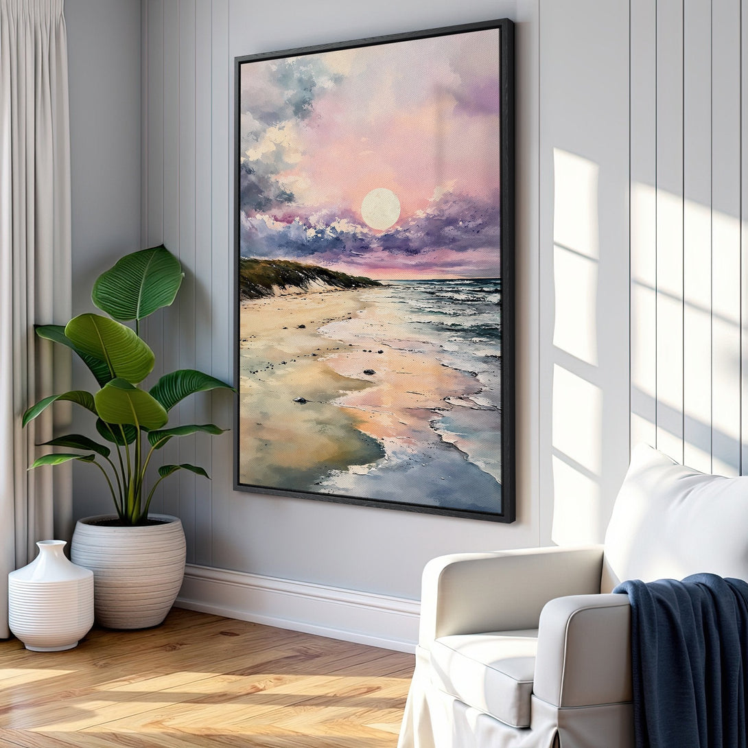 Framed Wall Art: Beach sunset Canvas Print in a modern interior. Pastel color palette with pink, purple, and blue hues. Coastal style art for your home.