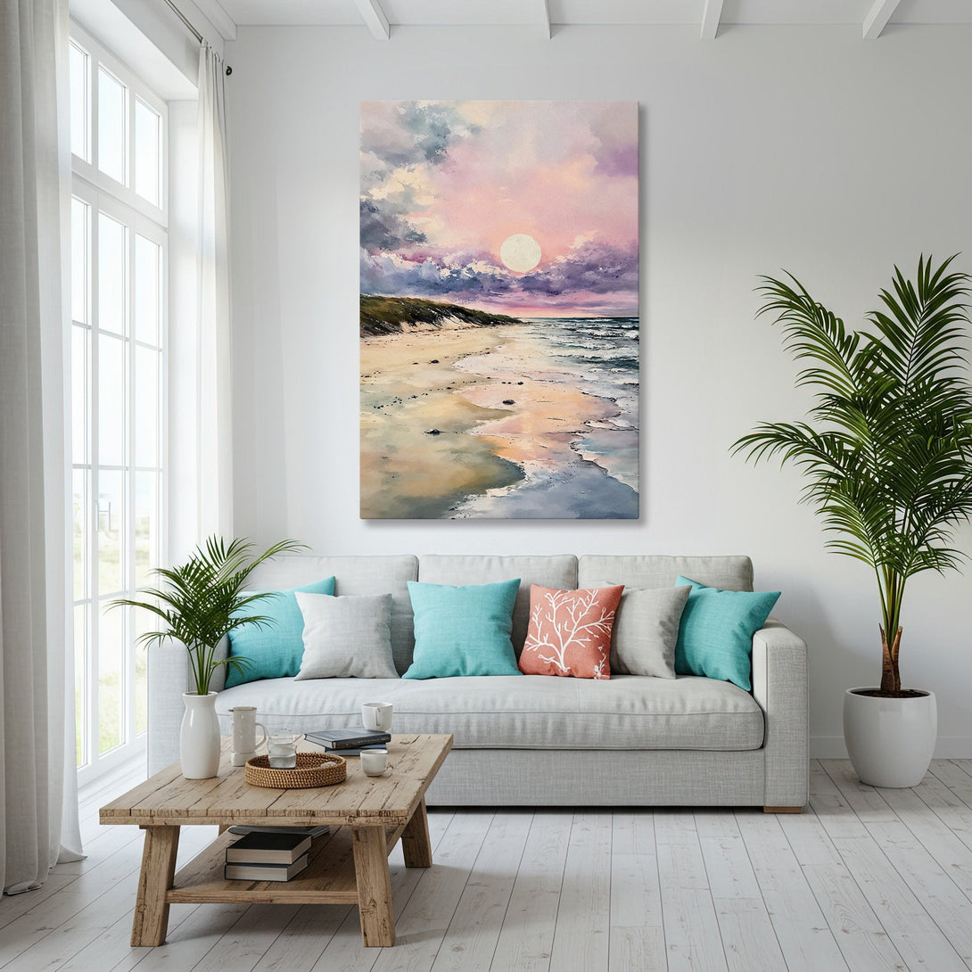Framed Wall Art: Coastal beach scene in pastel colors. Adds a serene touch to any room. Perfect for living room decor.