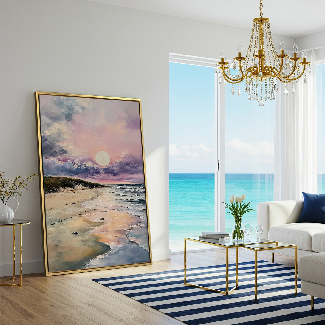 Canvas Print of a serene beach sunset, showcasing a soft, pastel color palette. Coastal wall art perfect for a calming living room.