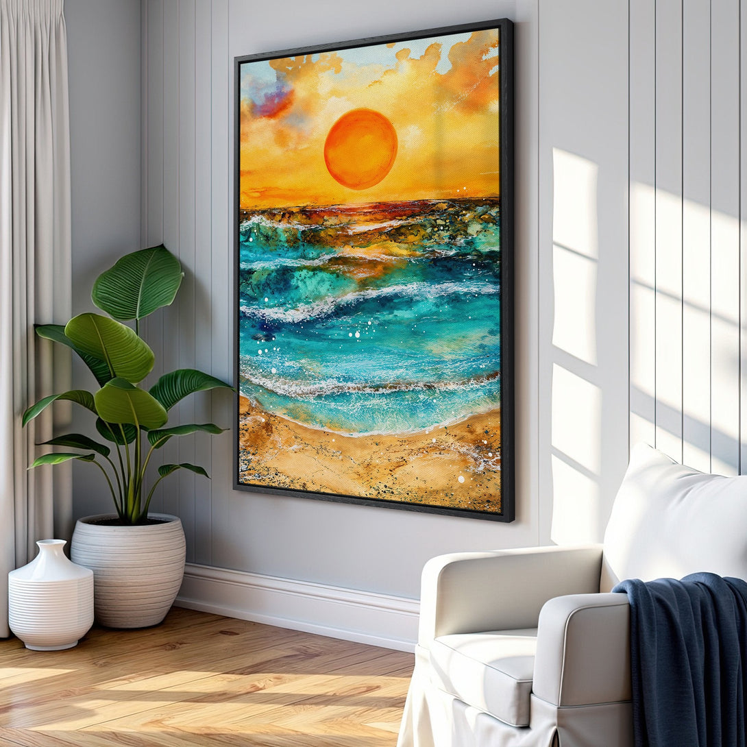 Framed Wall Art: Abstract sunset beach scene in vibrant orange, turquoise, and gold hues. Perfect coastal decor for a modern living room.