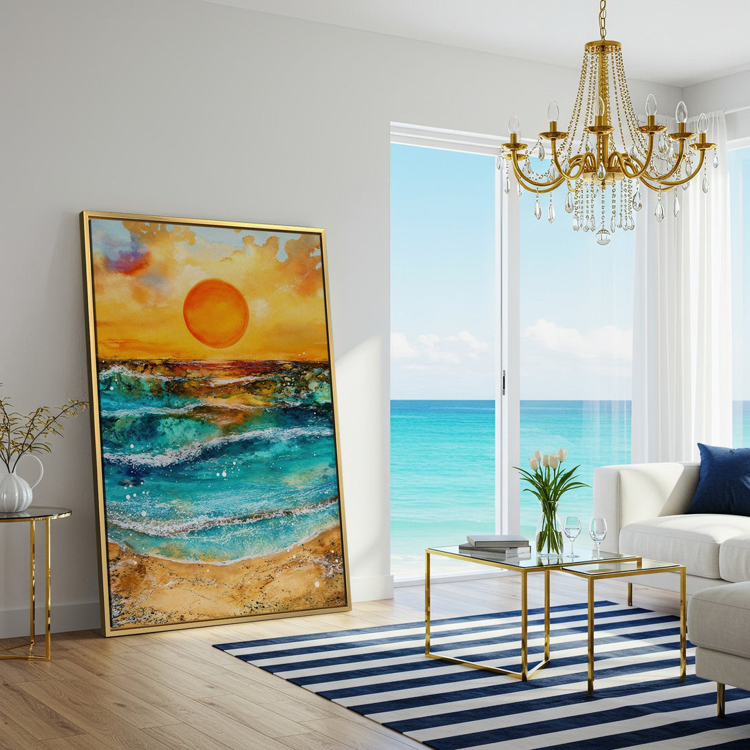 Canvas Print of a vibrant sunset over the ocean. Coastal art with warm orange, turquoise, and sand tones. Perfect for a living room.