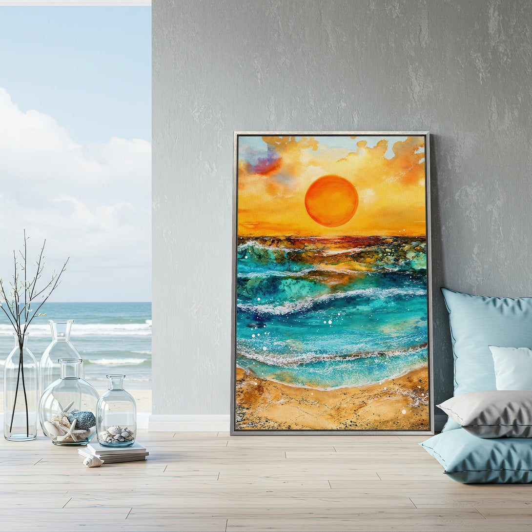 Framed Wall Art: Coastal sunset canvas print in vibrant teal, orange, and yellow. Perfect for adding a touch of beachy vibes to your home decor.