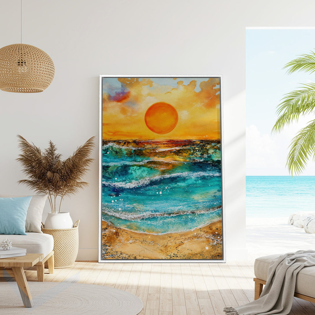 Framed Wall Art: Abstract ocean sunset in vibrant turquoise and orange, perfect for coastal decor. Bring the beach vibes home with this stunning canvas print!
