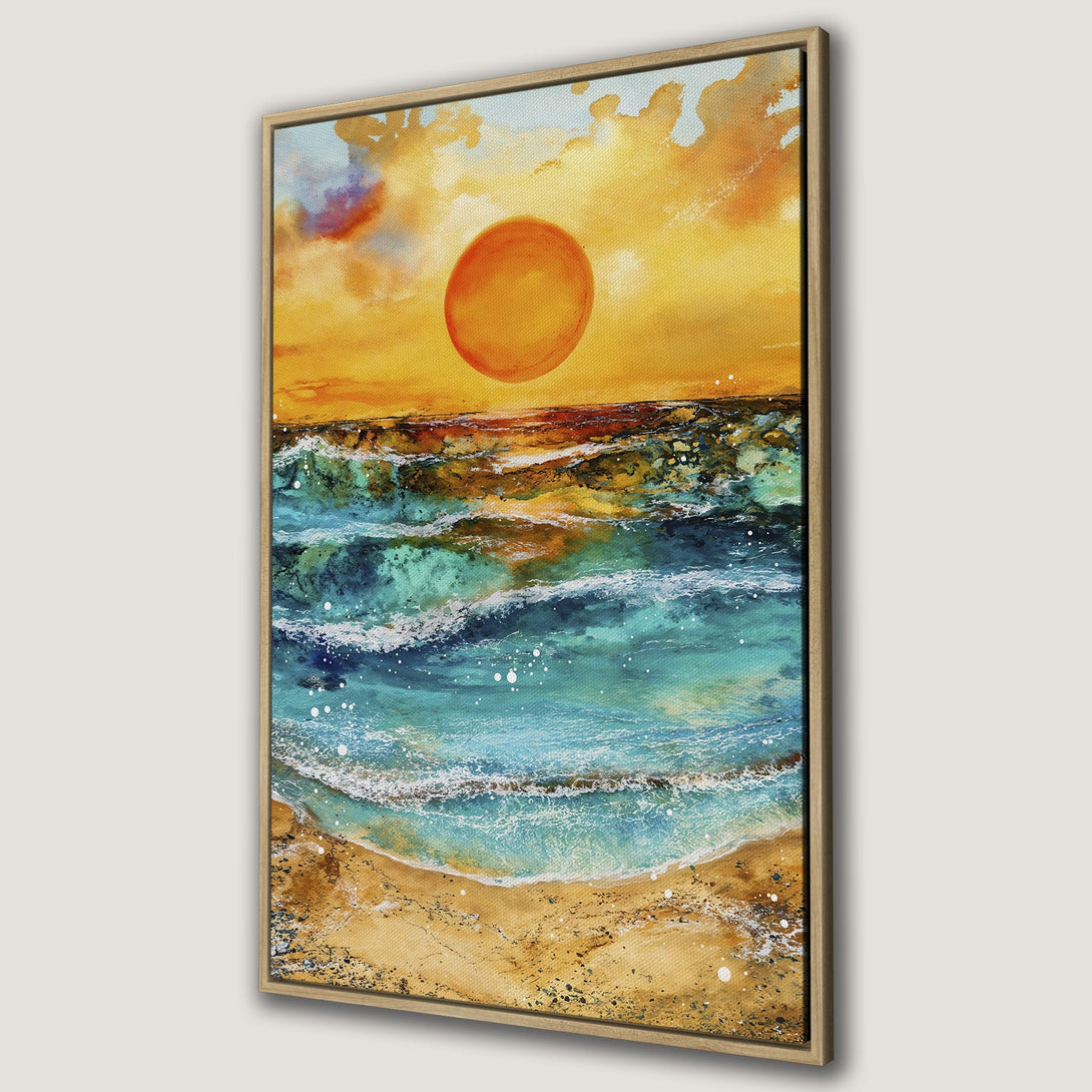 Framed Wall Art Canvas Print of a vibrant seascape painting with sunset, featuring warm orange, blue, and sandy tones. Coastal wall decor for your home.