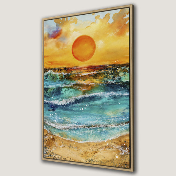 Framed Wall Art Canvas Print of a vibrant seascape painting with sunset, featuring warm orange, blue, and sandy tones. Coastal wall decor for your home.