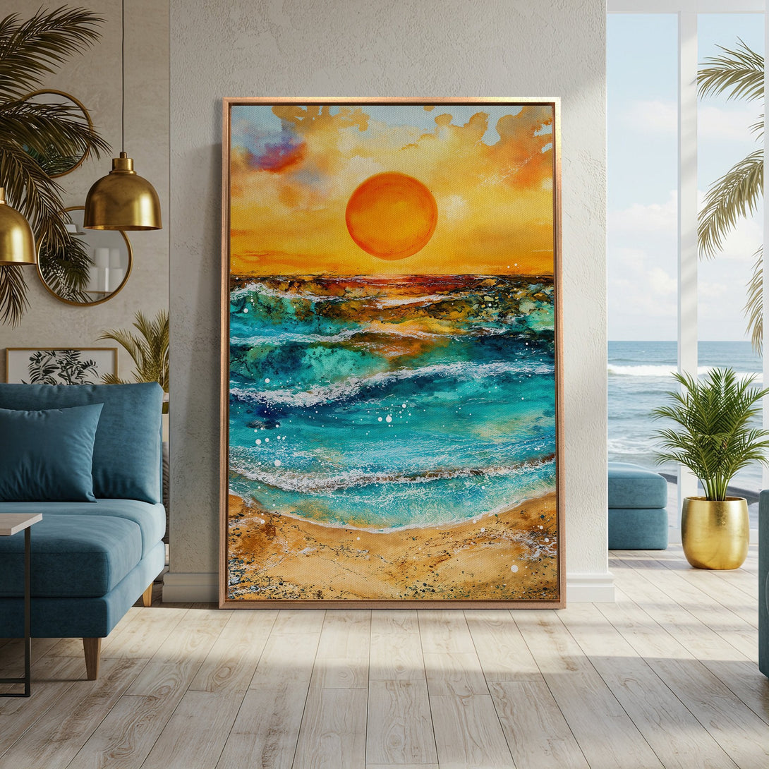 Framed Wall Art: Abstract sunset beach scene in vibrant teal, orange, and gold hues. Coastal art for a serene living room.