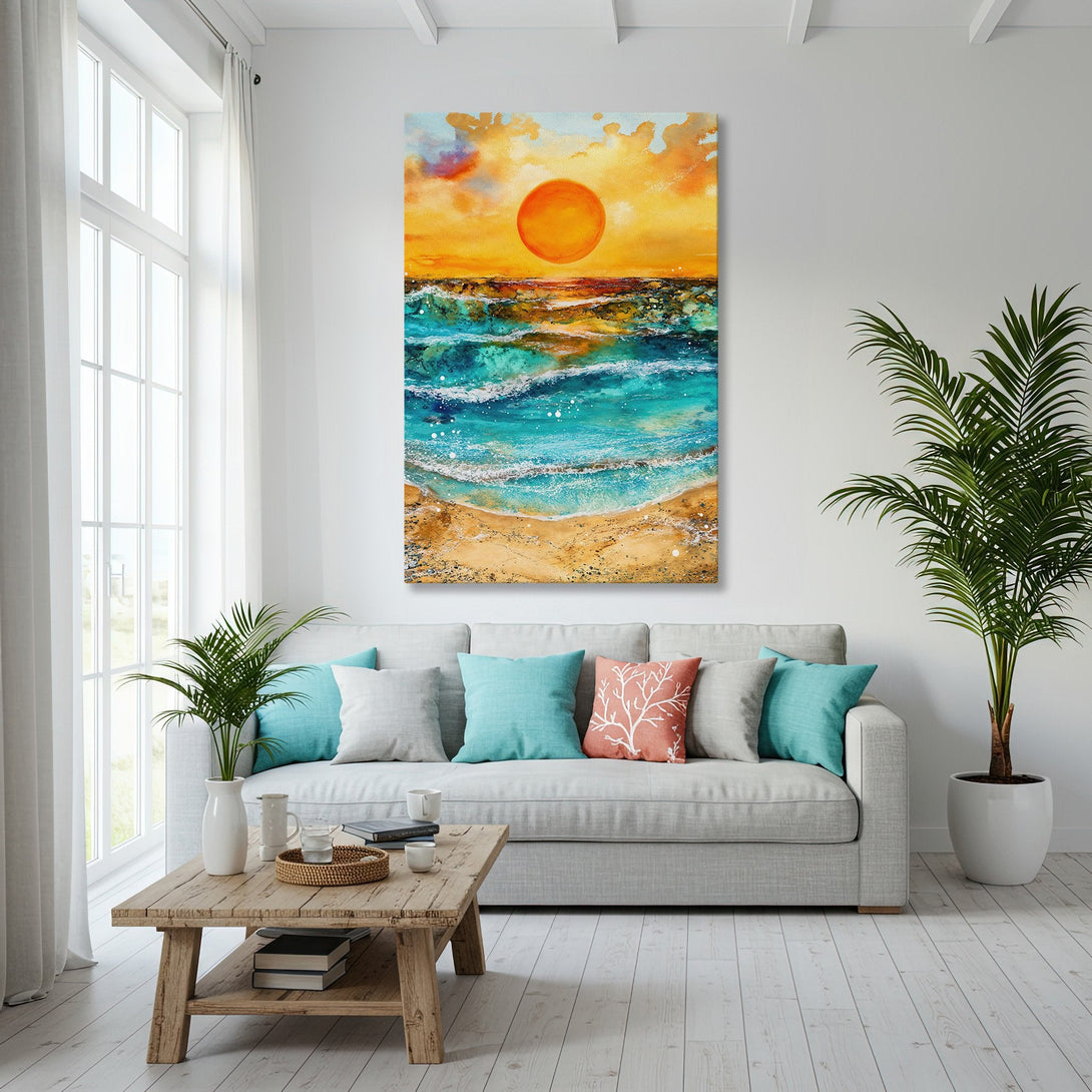 Framed Wall Art: Coastal sunset painting in a modern living room. Vibrant turquoise, orange, and gold color palette. Elevate your space with stunning art!
